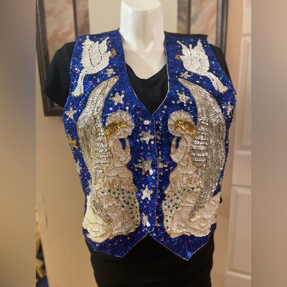 Vintage Sequin Christmas Vest Angels & Doves Holiday Religious BALI GEM Large - Picture 1 of 14